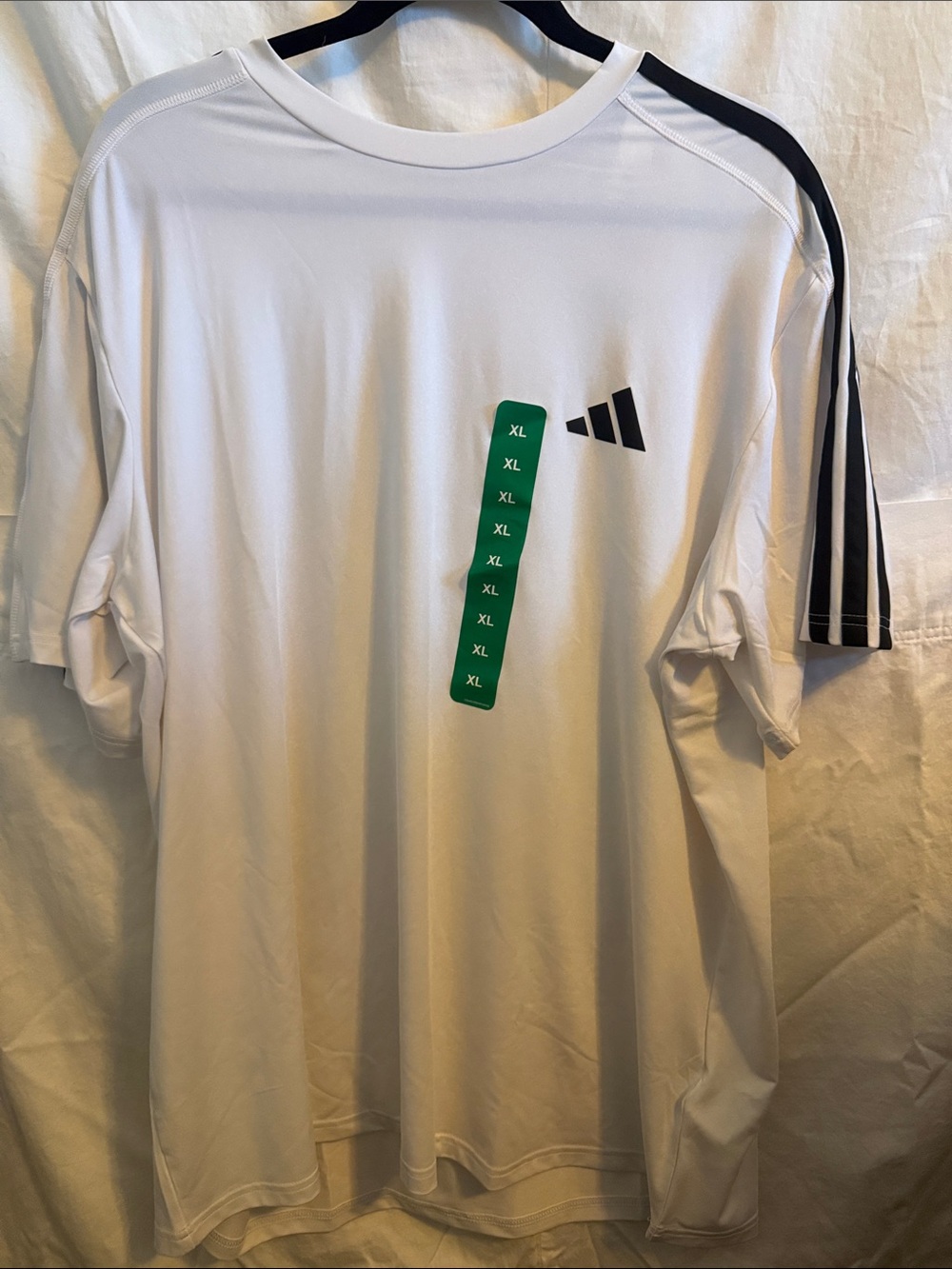 adidas White Short Sleeve Athletic Tee with Black Shoulder Stripes